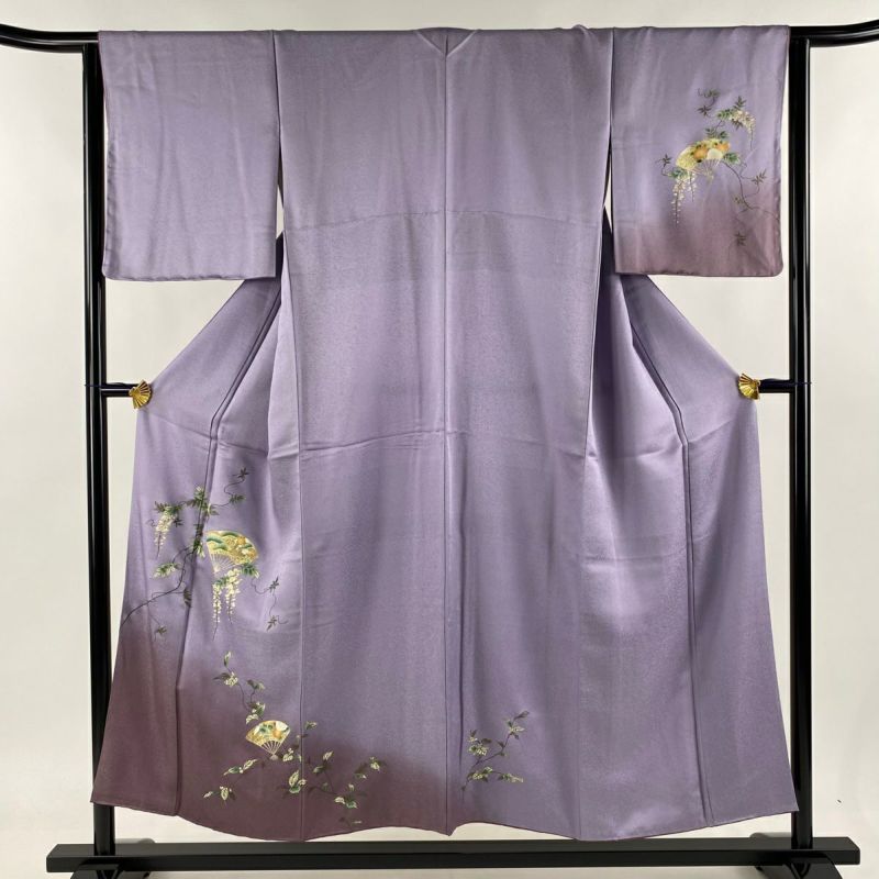 付下げ 身丈152cm 裄丈64cm M 袷 藤 扇 金銀彩 染め分け 薄紫 付下げ 身丈152cm 裄丈64cm M 袷 藤 扇 金銀彩 染め分け 薄紫