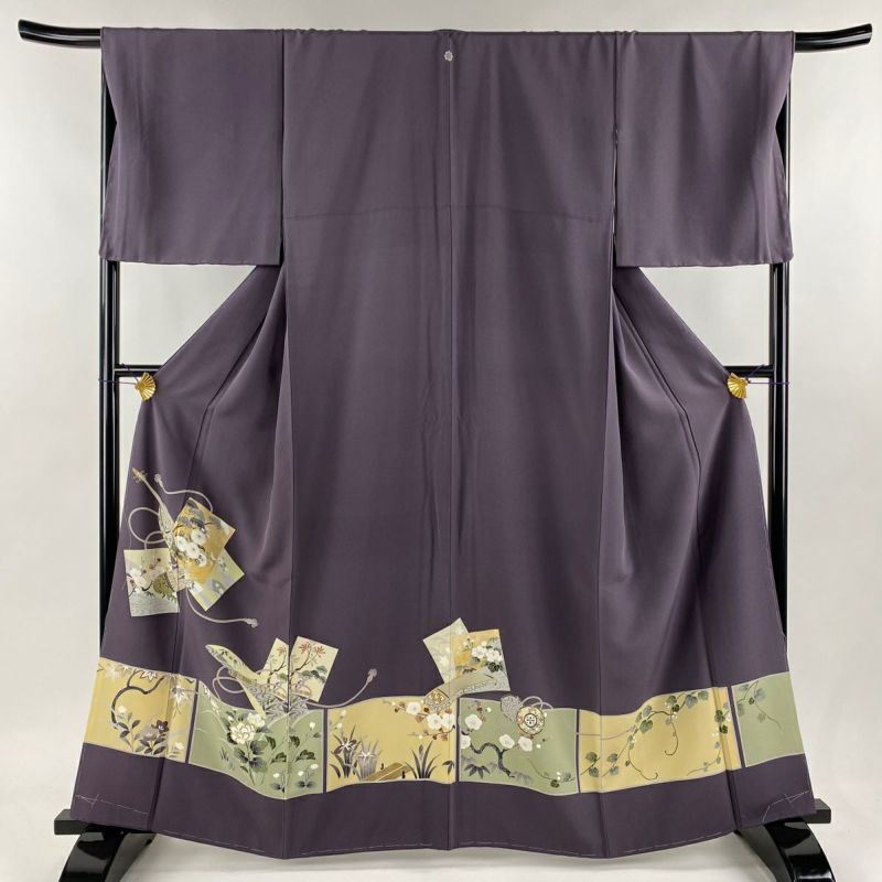 色留袖 身丈161cm 裄丈68cm L 袷 和楽器 草花 金銀彩 紫 正絹 色留袖 身丈161cm 裄丈68cm L 袷 和楽器 草花 金銀彩 紫 正絹