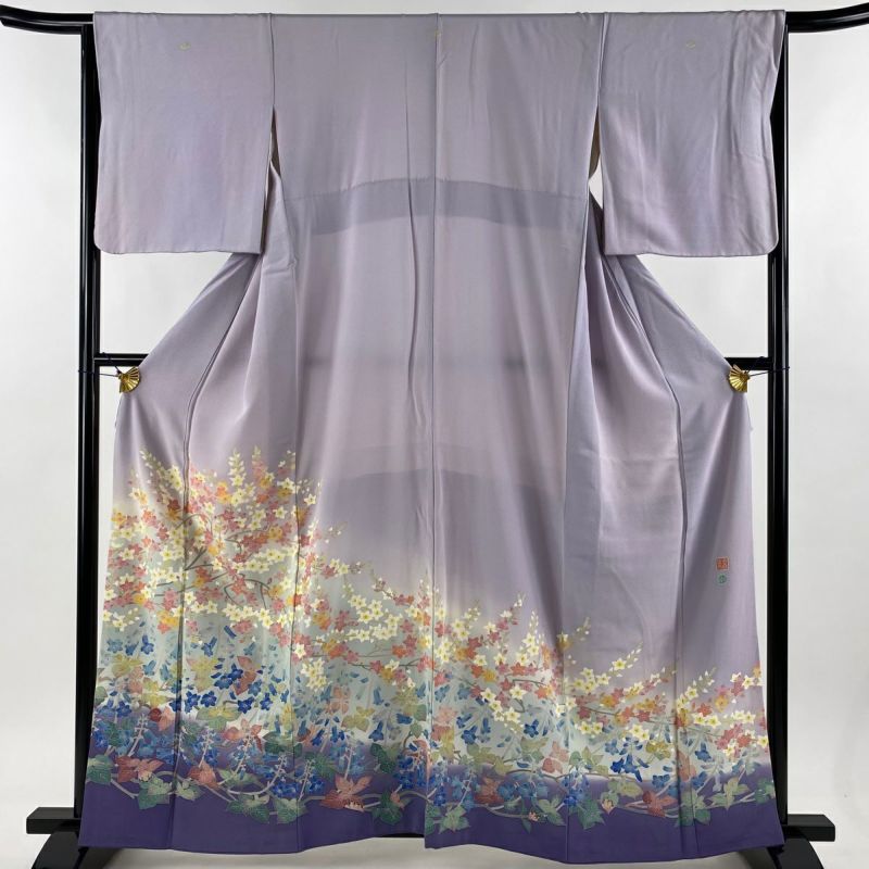 色留袖 身丈160.5cm 裄丈65cm M 袷 百貫華峰 落款あり 枝花 草花 色留袖 身丈160.5cm 裄丈65cm M 袷 百貫華峰 落款あり 枝花 草花