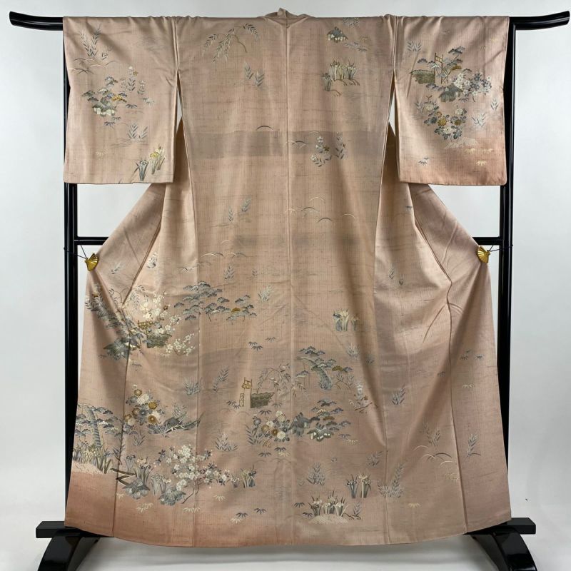 付下げ 身丈162cm 裄丈67cm M 袷 紬地 やまと 証紙あり 草花 舟 付下げ 身丈162cm 裄丈67cm M 袷 紬地 やまと 証紙あり 草花 舟
