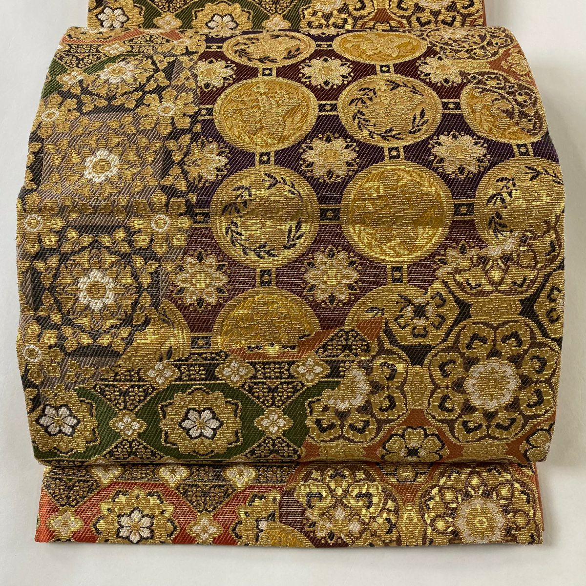 刺繍 袋帯 お太鼓柄 金糸 正絹 袋帯 美品 逸品 華文 斜め格子 刺繍 金糸 薄茶色 お太鼓柄 正絹 中古