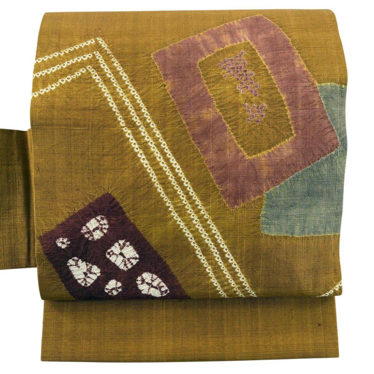 美品】 名古屋帯 秀品 紬地 幾何学模様 絞り 山吹茶色 正絹｜中古