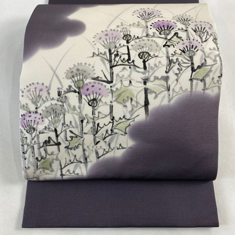 開き名古屋帯 美品 名品 落款あり 草花 ぼかし 灰紫 正絹|中古 開き名古屋帯 美品 名品 落款あり 草花 ぼかし 灰紫 正絹|中古