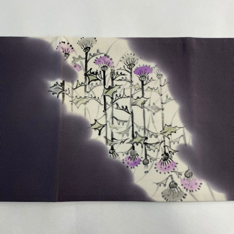 開き名古屋帯 美品 名品 落款あり 草花 ぼかし 灰紫 正絹|中古 開き名古屋帯 美品 名品 落款あり 草花 ぼかし 灰紫 正絹|中古