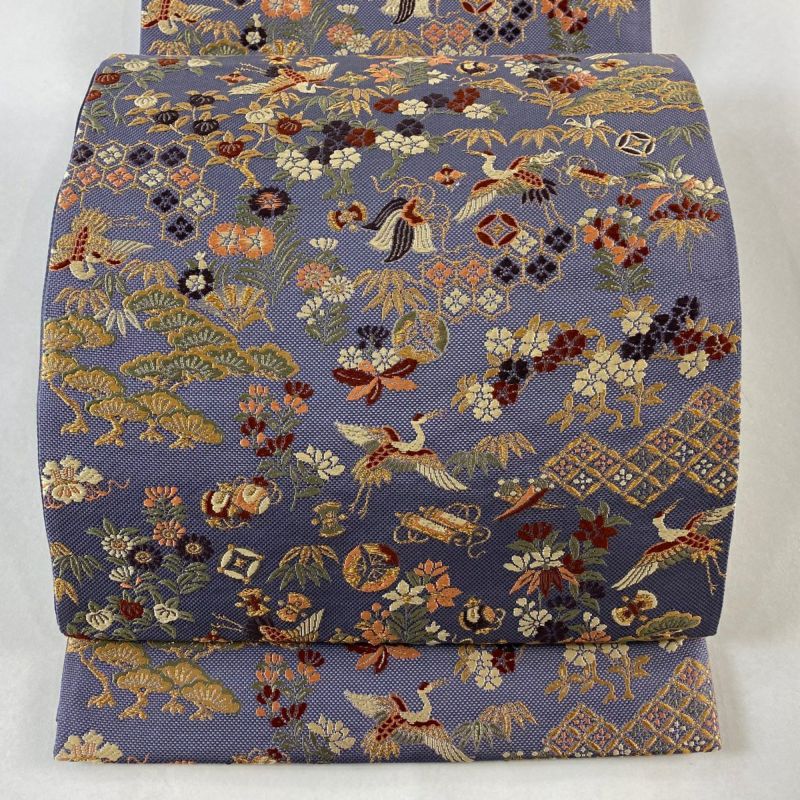 袋帯 逸品 宝づくし 鶴松 唐織 金糸 灰紫 六通 正絹|中古・古着 袋帯 逸品 宝づくし 鶴松 唐織 金糸 灰紫 六通 正絹|中古・古着
