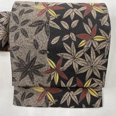 名古屋帯 美品 秀品 八寸名古屋帯 葉柄 幾何学 灰茶 正絹|中古 名古屋帯 美品 秀品 八寸名古屋帯 葉柄 幾何学 灰茶 正絹|中古
