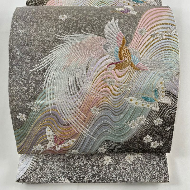 袋帯 美品 秀品 鳥 桜 箔 金銀糸 灰茶 六通 正絹|中古・古着 袋帯 美品 秀品 鳥 桜 箔 金銀糸 灰茶 六通 正絹|中古・古着