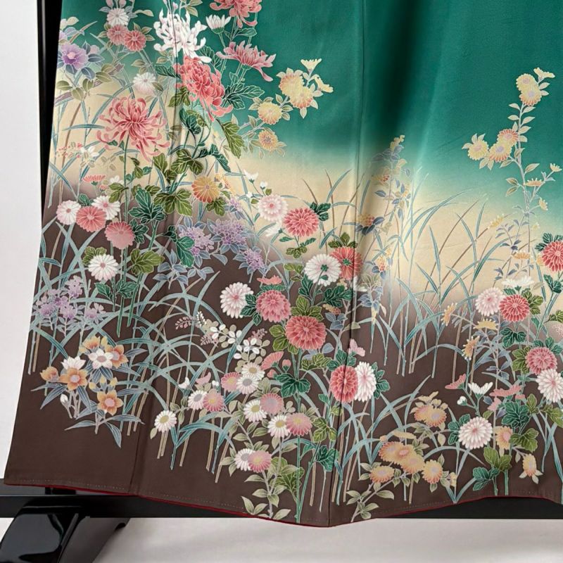 振袖 身丈157cm 裄丈67cm M 袷 菊 萩 ぼかし 緑 正絹 秀品｜中古