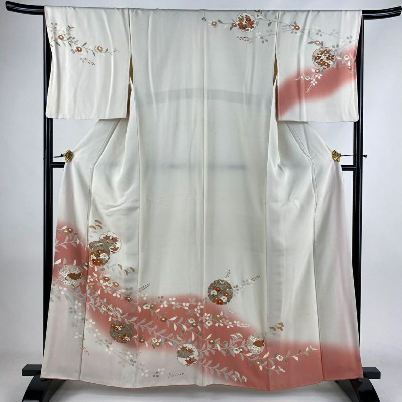 訪問着 身丈161cm 裄丈66.5cm M 袷 雪輪 草花 刺繍 金彩 灰白 訪問着 身丈161cm 裄丈66.5cm M 袷 雪輪 草花 刺繍 金彩 灰白