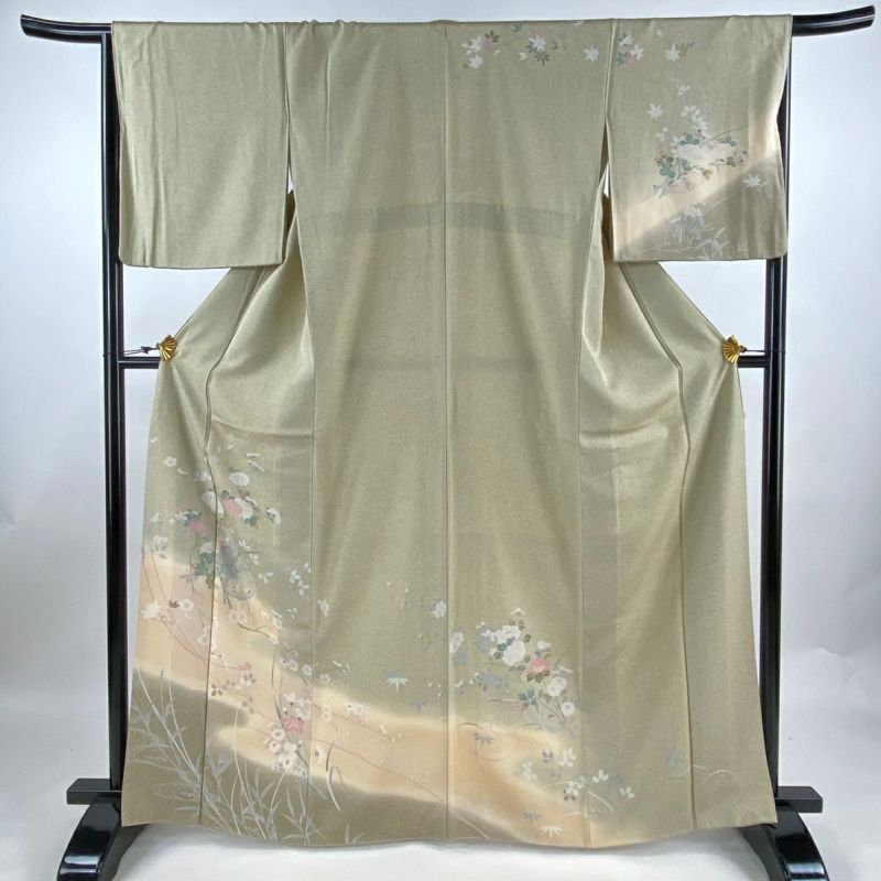 付下げ 身丈164.5cm 裄丈66.5cm M 袷 源氏車 枝花 ぼかし 灰緑 付下げ 身丈164.5cm 裄丈66.5cm M 袷 源氏車 枝花 ぼかし 灰緑