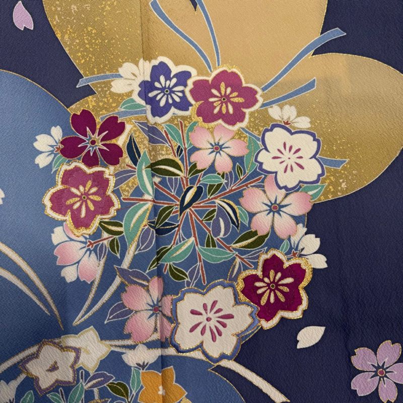 振袖 身丈168.5cm 裄丈66.5cm M 袷 落款あり 桜 桔梗 金糸 金彩