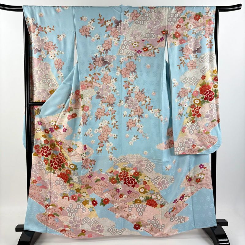 振袖 身丈162.5cm 裄丈67cm M 袷 牡丹 桜 金糸 金彩 水色 正絹