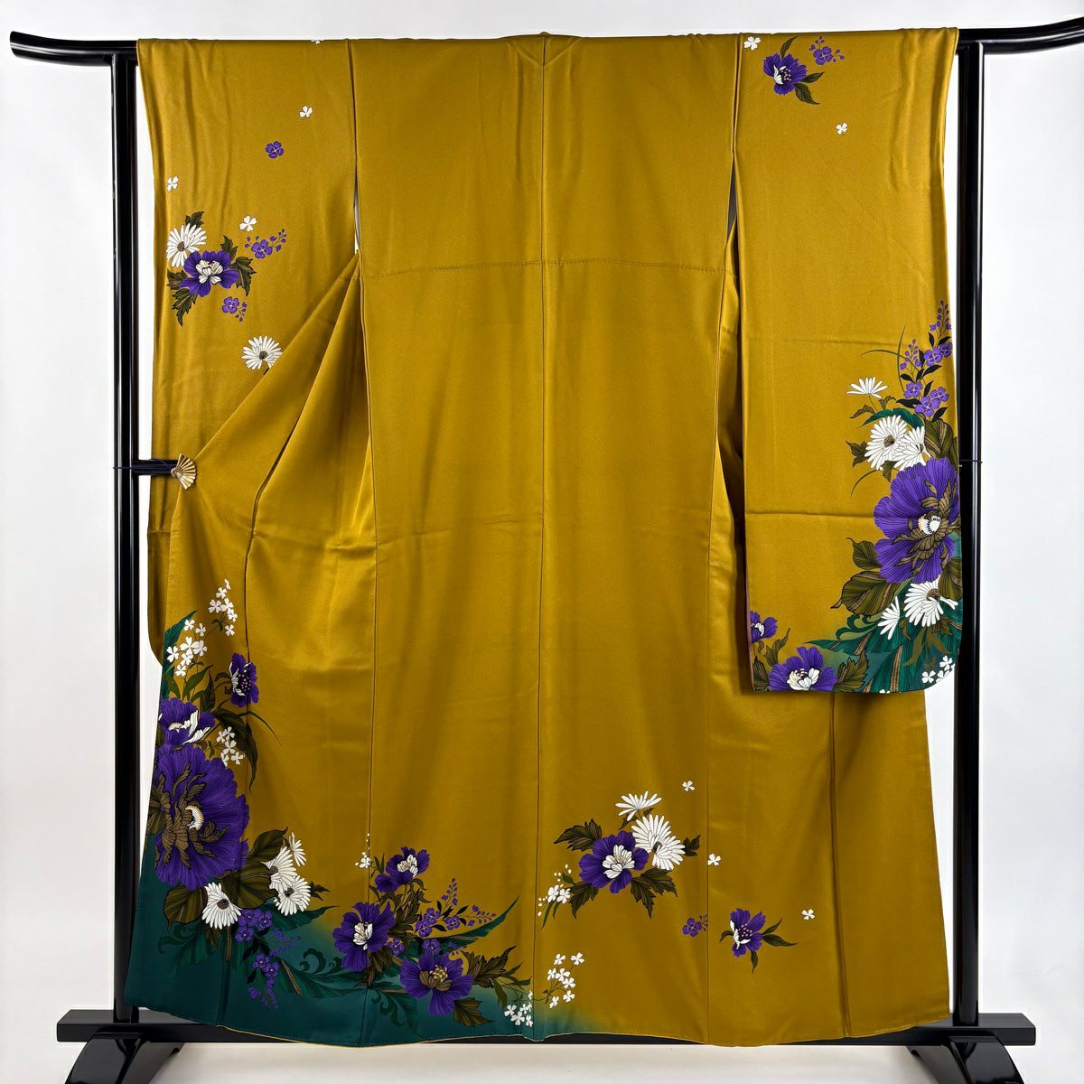 美品】 振袖 身丈154cm 裄丈65.5cm M 袷 草花 鳥 ぼかし 縮緬 茜色