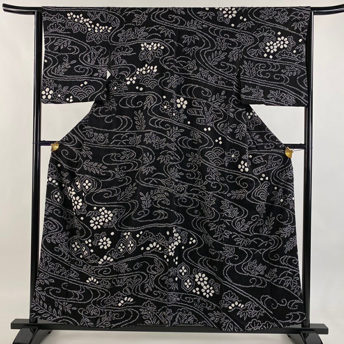 美品】 訪問着 身丈167.5cm 裄丈68cm L 袷 樹木 絞り 黒 正絹 秀品