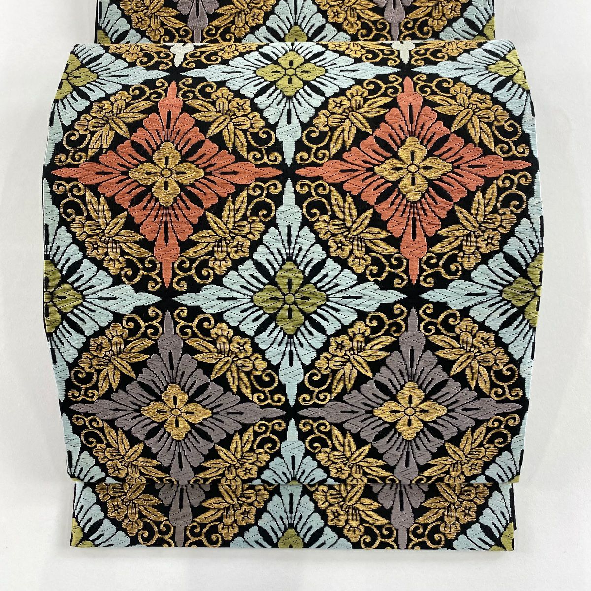 袋帯 秀品 草花 七宝 刺繍 金糸 鶯色 六通 正絹｜中古・古着