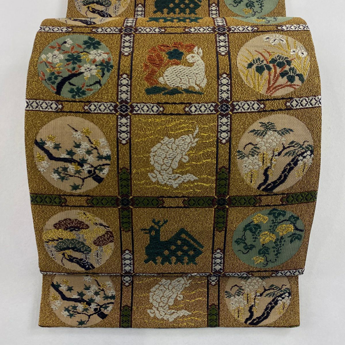 袋帯 秀品 蜀江華文 花うさぎ 箔 赤茶 六通 正絹 【中古】