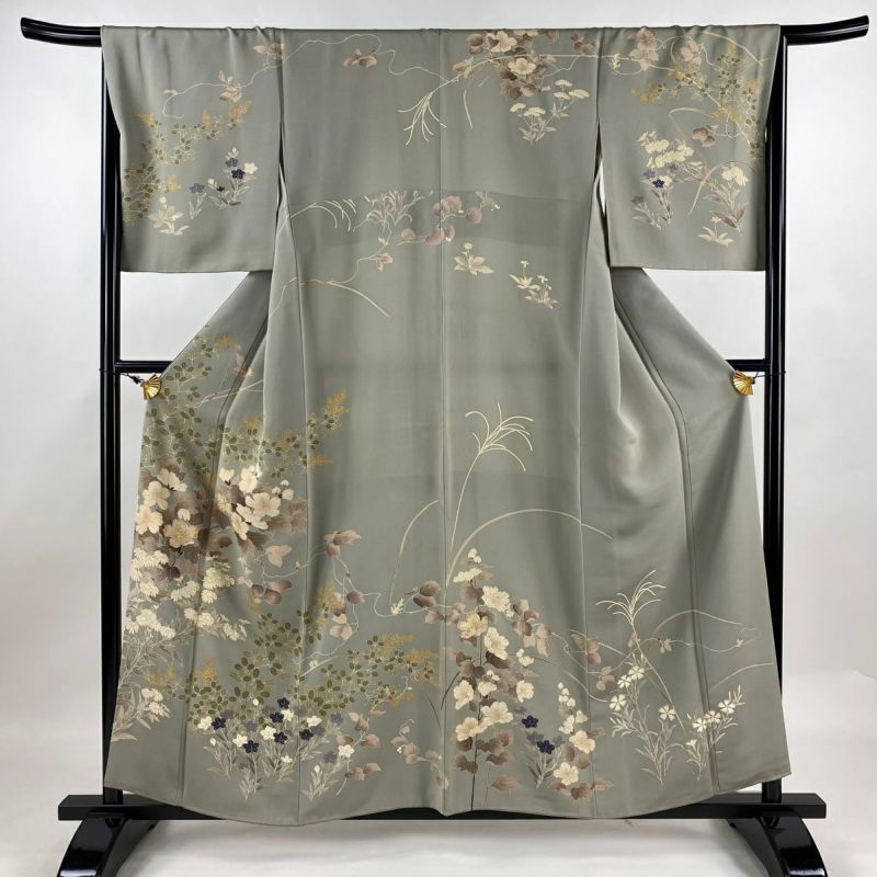 訪問着 身丈158cm 裄丈66.5cm M 袷 枝花 金糸 金彩 灰色 正絹 美 訪問着 身丈158cm 裄丈66.5cm M 袷 枝花 金糸 金彩 灰色 正絹 美