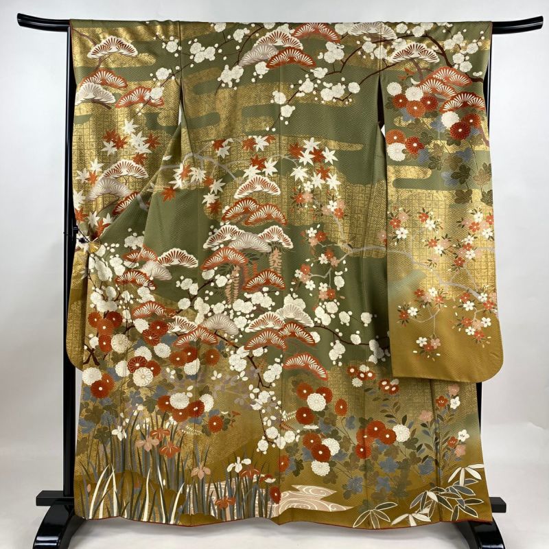 振袖 身丈163cm 裄丈67cm M 袷 松梅 菊 金糸 金彩 灰緑 正絹