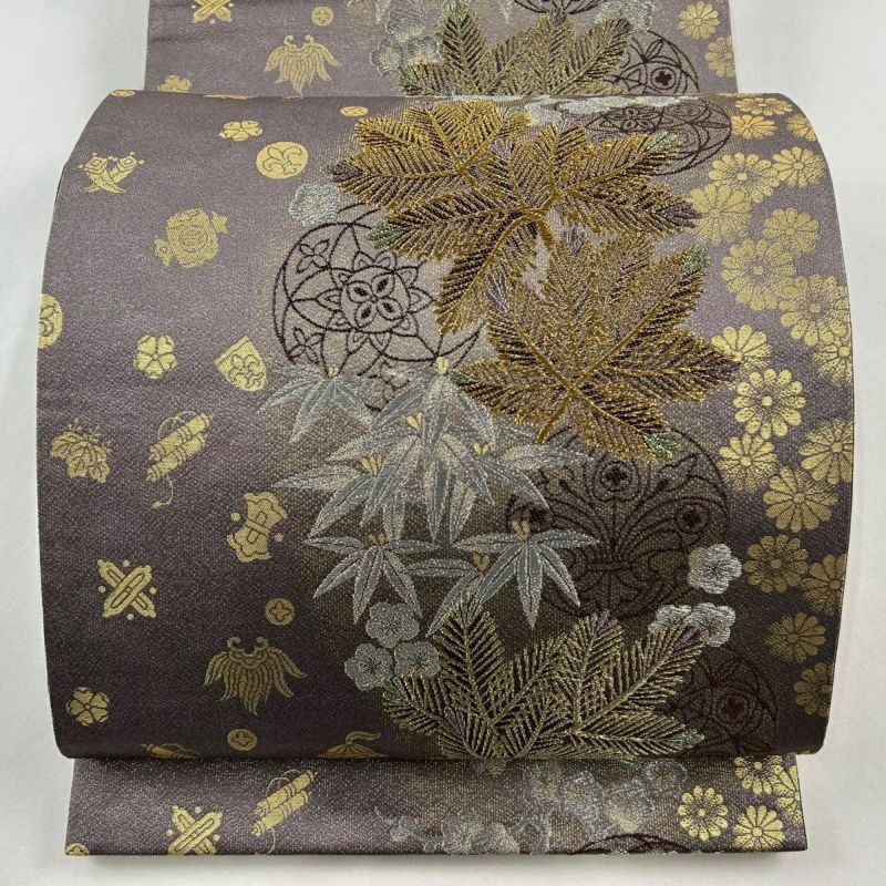 袋帯 美品 名品 松竹梅 宝尽くし 唐織 箔 紫 六通 正絹｜中古