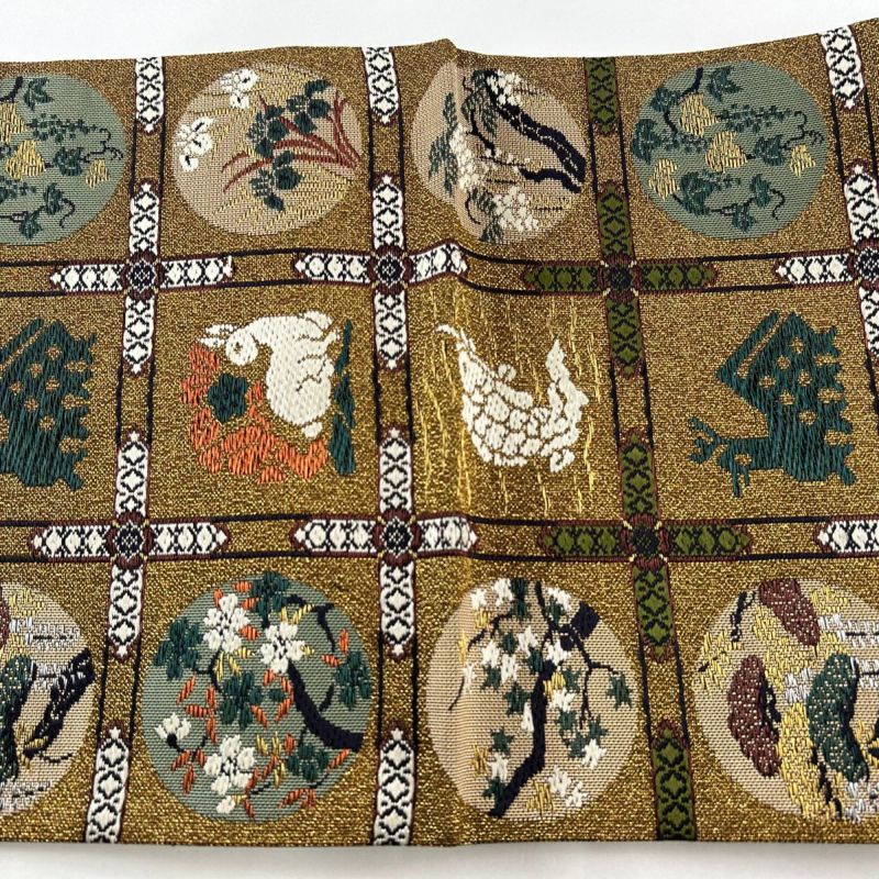 袋帯 美品 名品 格天井 花うさぎ 箔 金銀糸 山吹茶色 六通 正絹