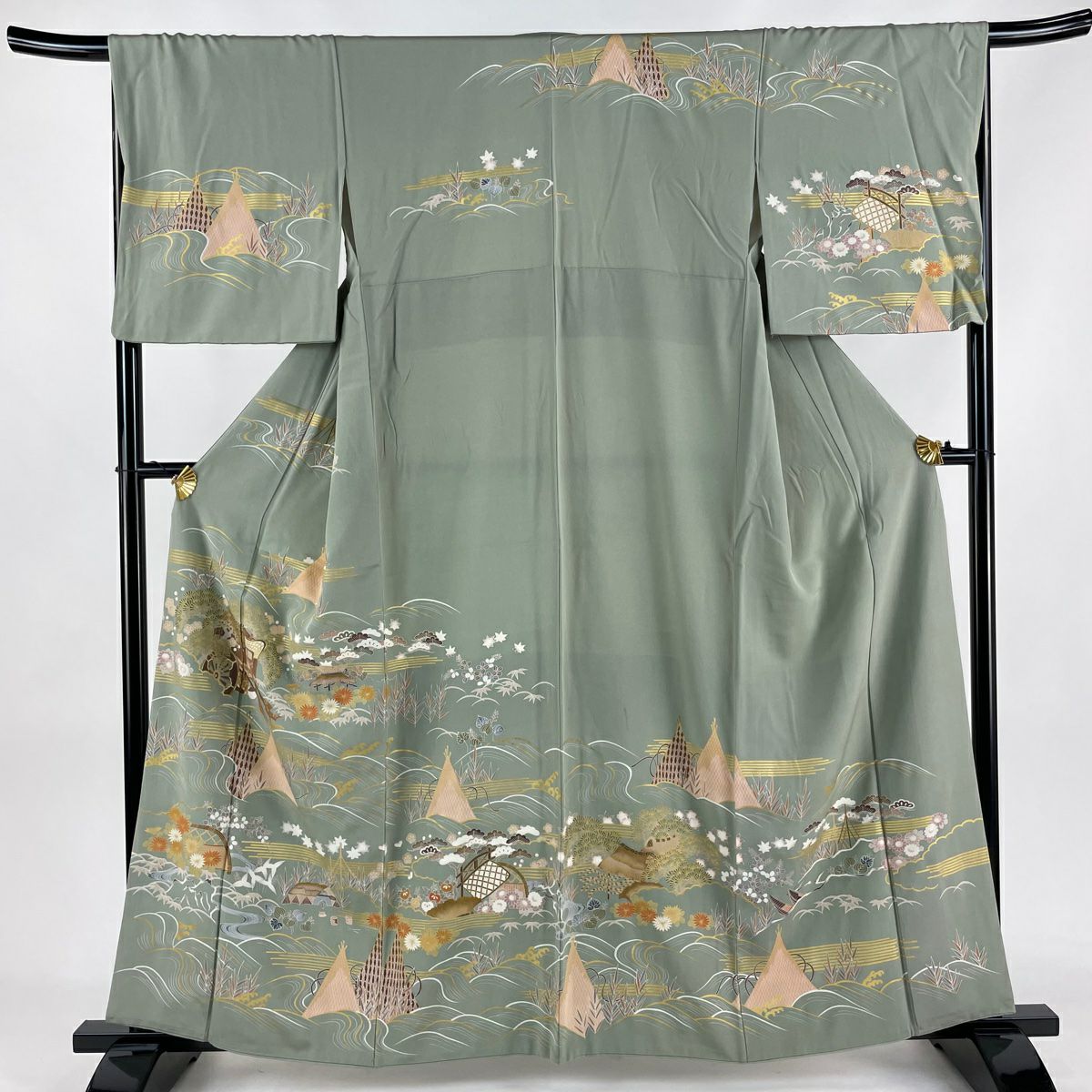 訪問着 秀品 一つ紋 ぼかし 金彩 灰緑 袷 155cm 63cm S 正絹
