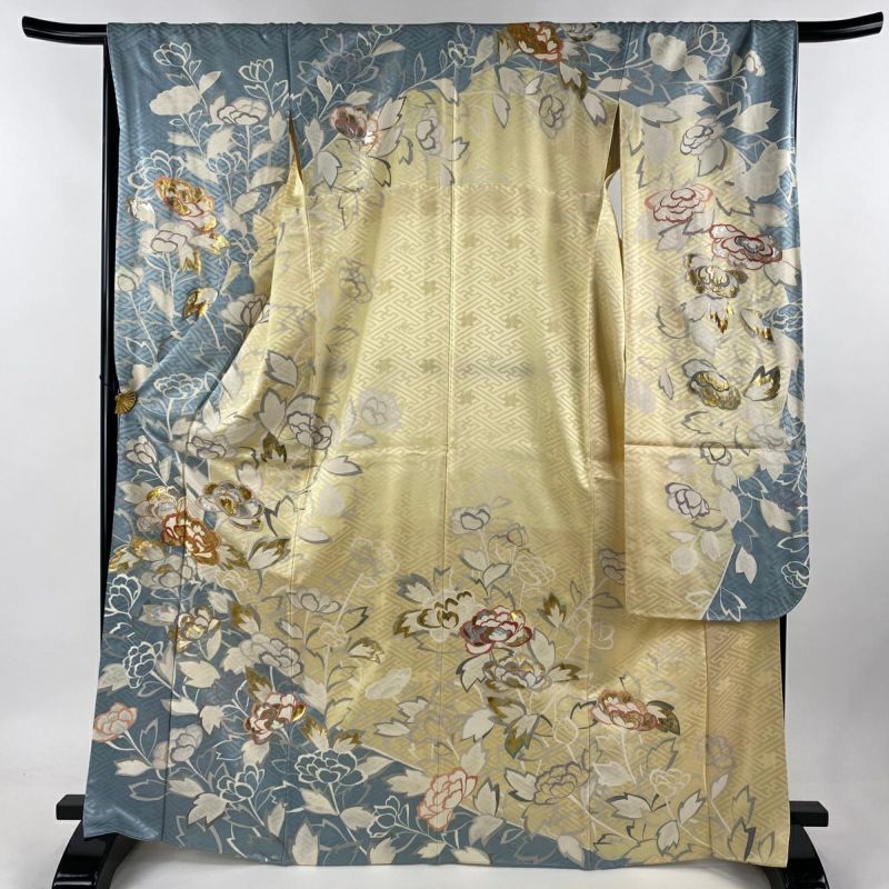 振袖 身丈168cm 裄丈68cm L 袷 牡丹 金糸 金銀彩 薄黄 正絹 秀品 振袖 身丈168cm 裄丈68cm L 袷 牡丹 金糸 金銀彩 薄黄 正絹 秀品