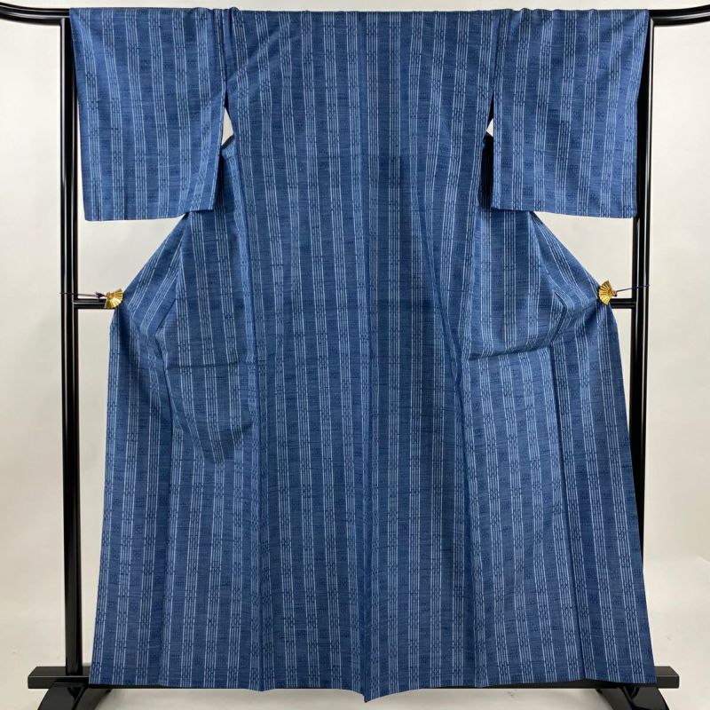小紋 身丈160cm 裄丈66cm M 単衣 紬地 縞 幾何学 藍色 正絹 美品 小紋 身丈160cm 裄丈66cm M 単衣 紬地 縞 幾何学 藍色 正絹 美品