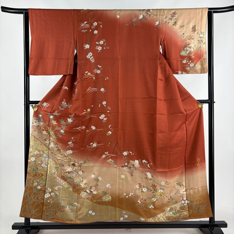 訪問着 身丈155cm 裄丈63.5cm S 袷 扇 草花 金糸 刺繍 朱色 正絹 訪問着 身丈155cm 裄丈63.5cm S 袷 扇 草花 金糸 刺繍 朱色 正絹