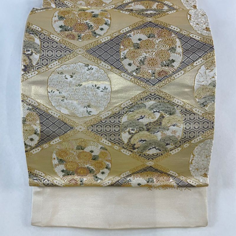 袋帯 美品 秀品 菱取松小花文 唐織 箔 ベージュ 六通 正絹|中古 袋帯 美品 秀品 菱取松小花文 唐織 箔 ベージュ 六通 正絹|中古