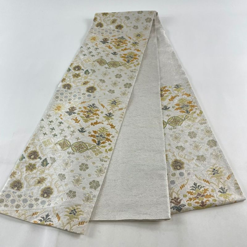袋帯 美品 名品 七宝 草花 箔 灰白 六通 正絹|中古・古着 袋帯 美品 名品 七宝 草花 箔 灰白 六通 正絹|中古・古着