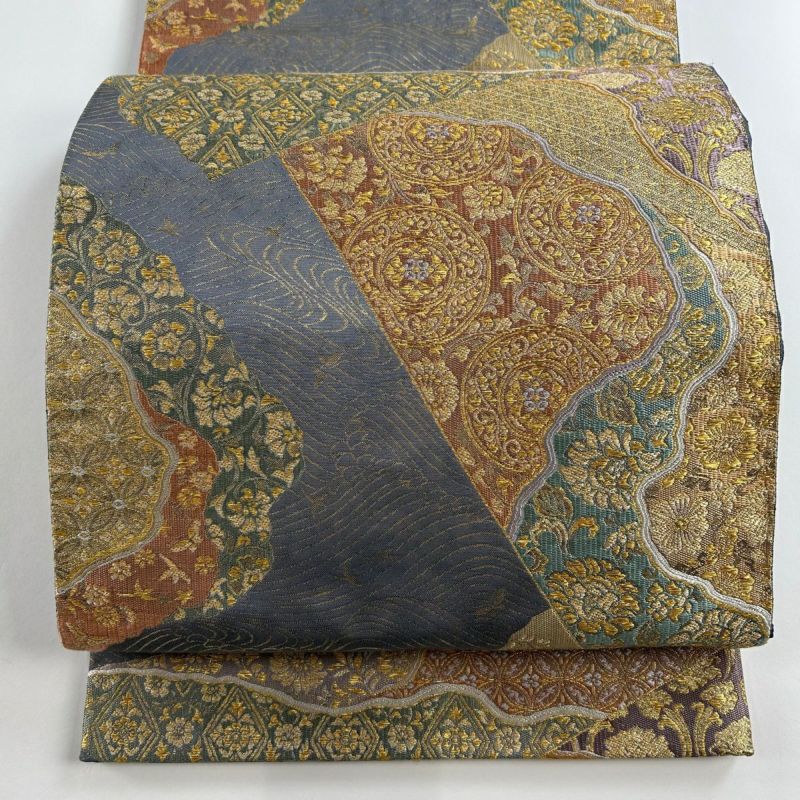 袋帯 秀品 草花 花菱 金糸 箔 灰紫 六通 正絹|中古・古着 袋帯 秀品 草花 花菱 金糸 箔 灰紫 六通 正絹|中古・古着