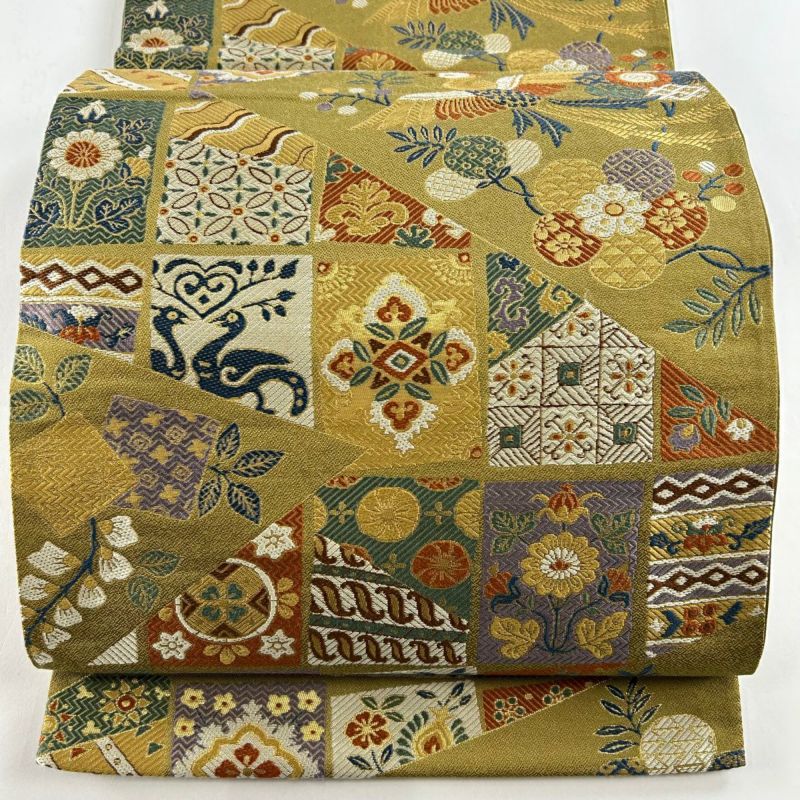 袋帯 秀品 鳥 草花 箔 黄土色 六通 正絹|中古・古着 袋帯 秀品 鳥 草花 箔 黄土色 六通 正絹|中古・古着
