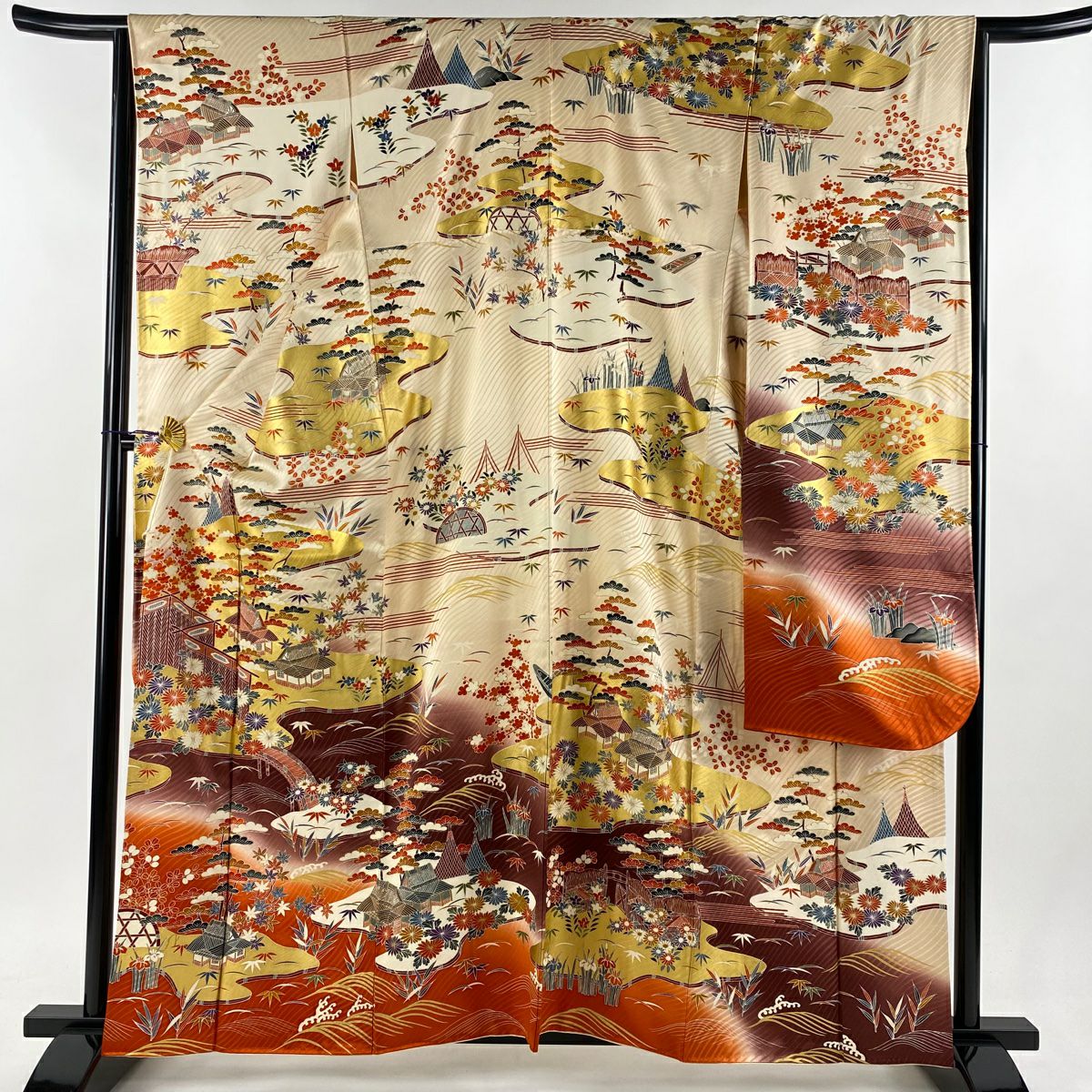 振袖 身長159-174cm 濃茶　正絹 振袖 身丈167cm 裄丈68cm L 袷 やまと 草花 斜め格子 金通し
