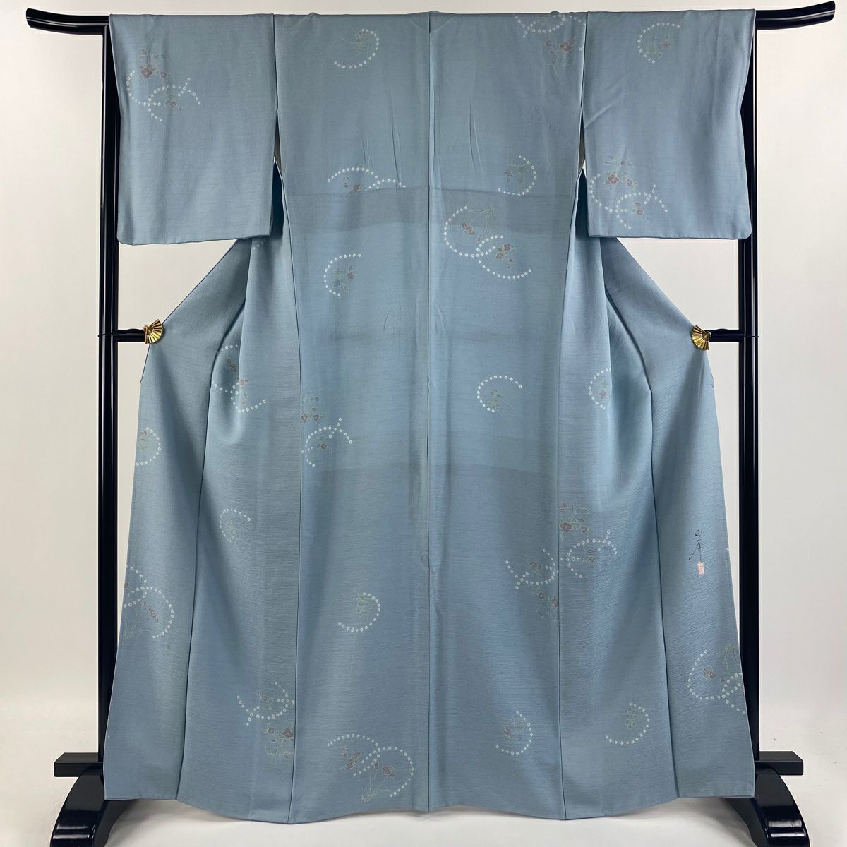 小紋 身丈161.5cm 裄丈66cm M 薄物 紗 家屋 蝶 水色 正絹 美品