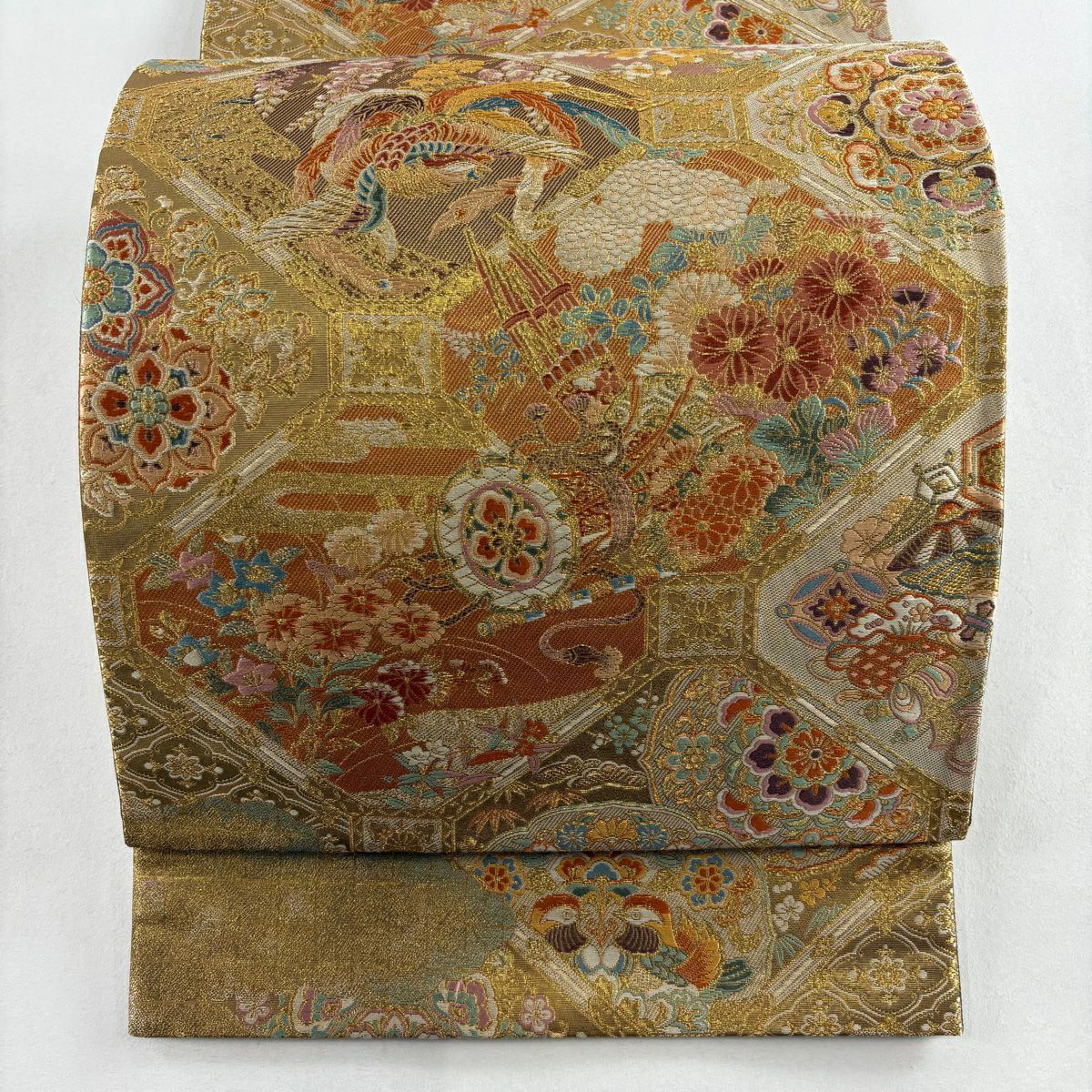袋帯 秀品 菊 金糸 箔 焦茶色 六通 正絹 【中古】