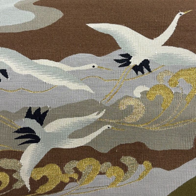 名古屋帯 美品 秀品 八寸名古屋帯 鳥 霞 金糸 鶯色 正絹｜中古