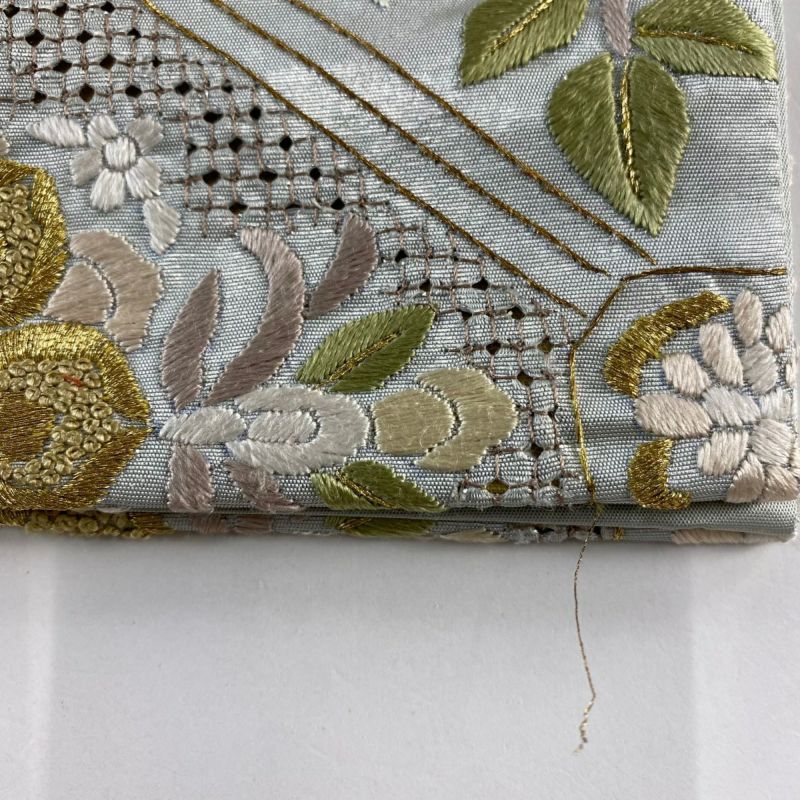 袋帯 逸品 レース 華文 向かい鳥 刺繍 金銀糸 銀色 六通 正絹