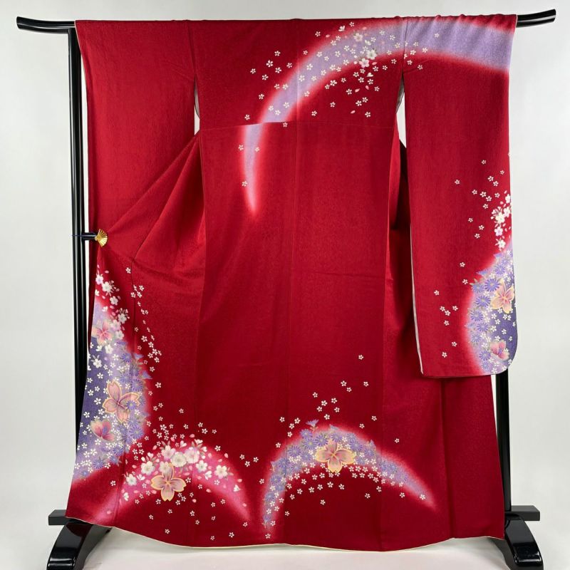 振袖 身丈162cm 裄丈68cm L 袷 桜 霞 金通し 箔 紫 正絹 美品