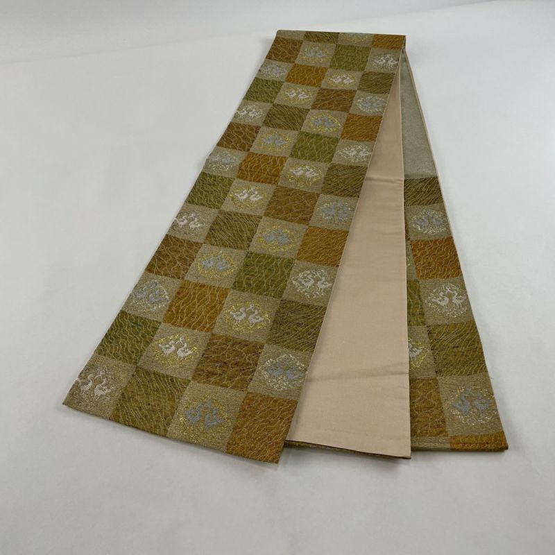 袋帯 美品 秀品 市松 向かい鳥 金糸 箔 薄茶色 六通 正絹|中古