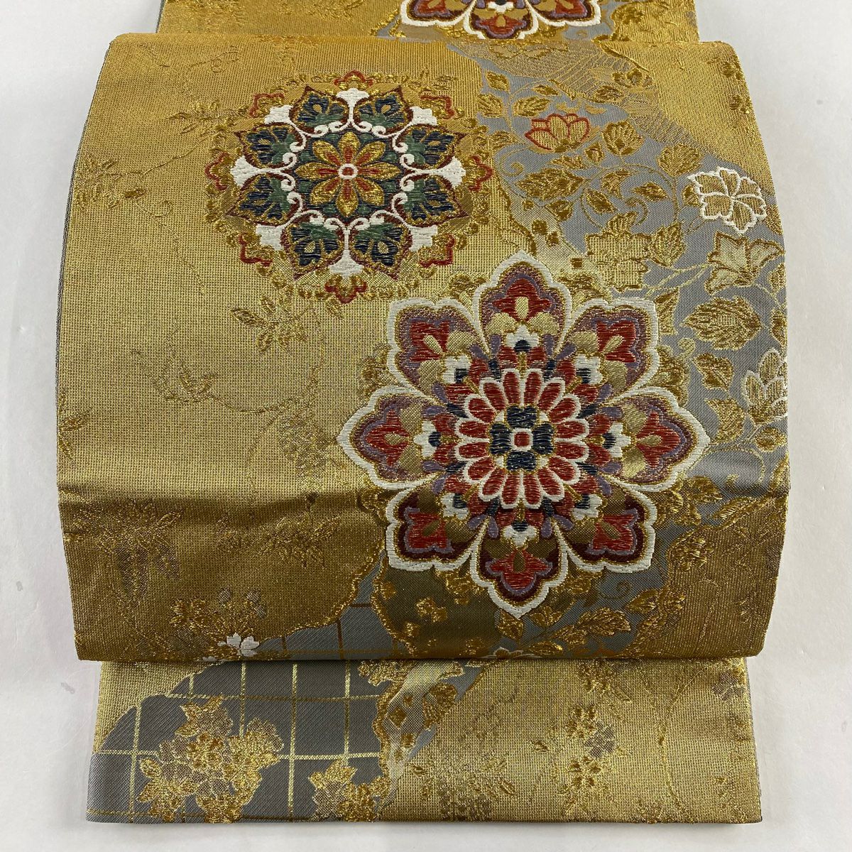 ◇S514◇六通袋帯 花鳥紋九百錦 純銀純金箔 着物帯 刺繍 四季花
