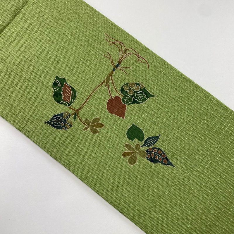美品】 名古屋帯 秀品 草花 霞 よもぎ色 正絹 【中古】