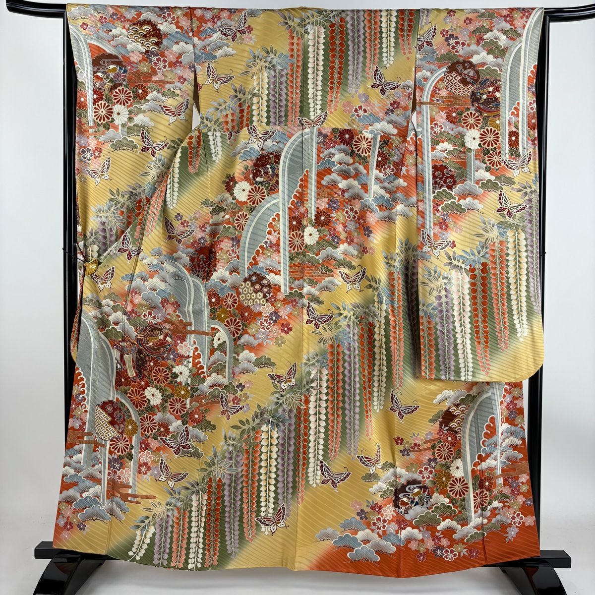 振袖 身丈154cm 裄丈67cm M 袷 雪輪 桜 金糸 金彩 焦茶色 正絹 名品