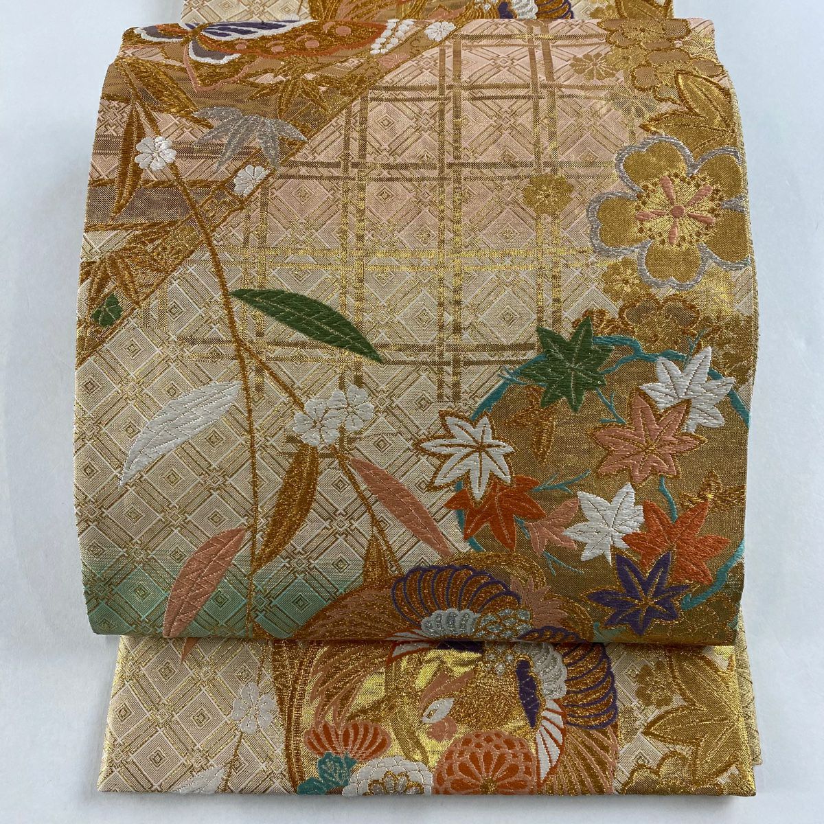 在庫一掃】 袋帯 美品 秀品 華文 花鳥 箔 刺繍 灰茶 六通 正絹