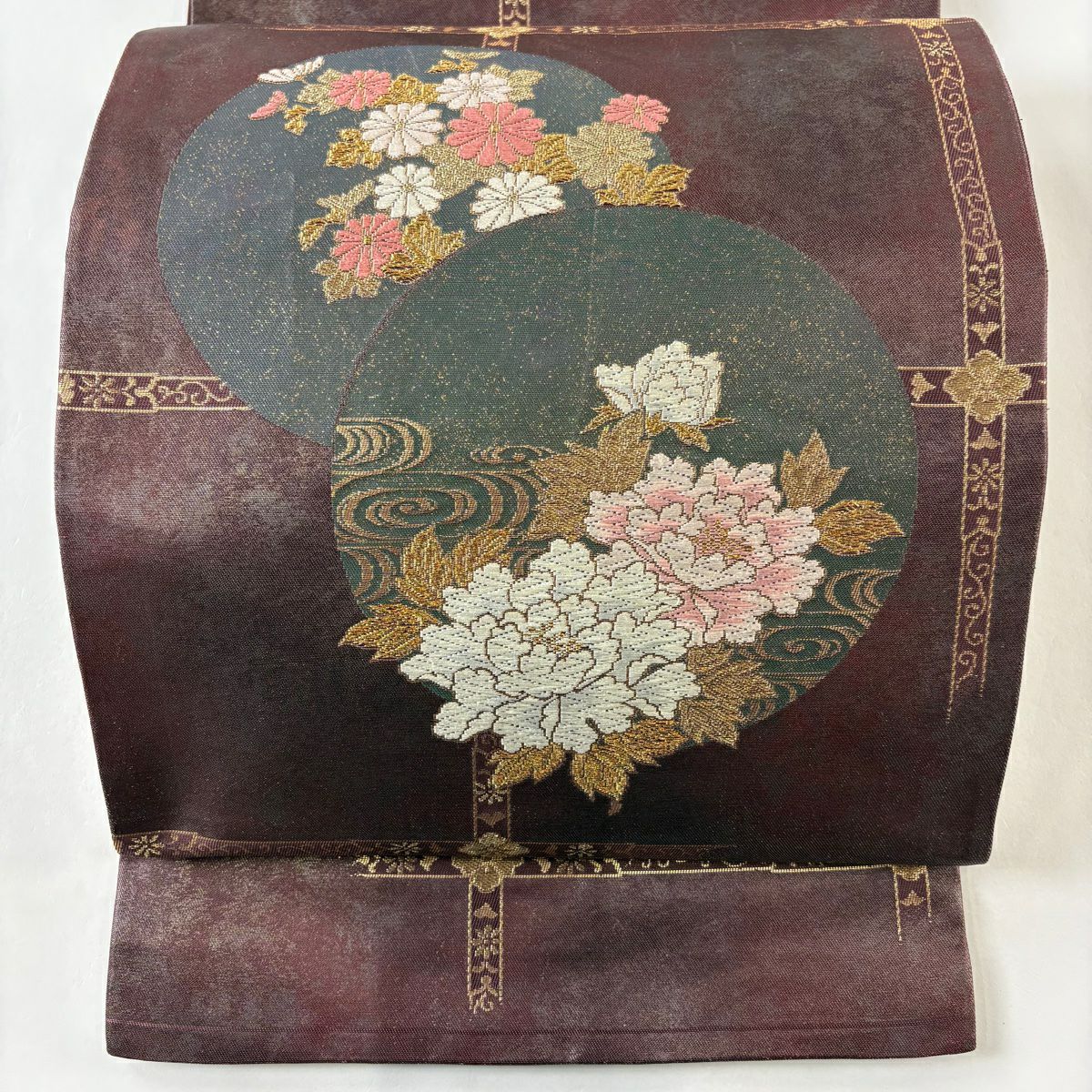 H-639 袋帯 正絹 六通 金糸 箔 おしどり 楓 菊 松 流水模様 華模様 H-639 袋帯 正絹 六通 金糸 箔 おしどり 楓 菊 松 流水模様 華