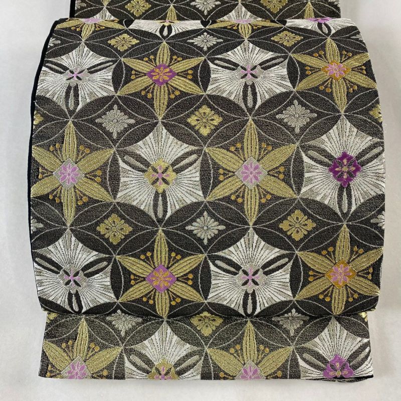 袋帯 逸品 絲高貝紫 花 七宝 金銀糸 唐織 墨色 六通 正絹 ｜中古