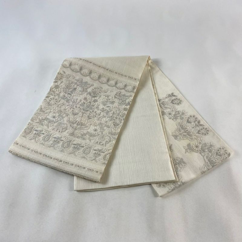 袋帯 名品 夏帯 草花 動物 相良刺繍 白 お太鼓柄 正絹｜中古