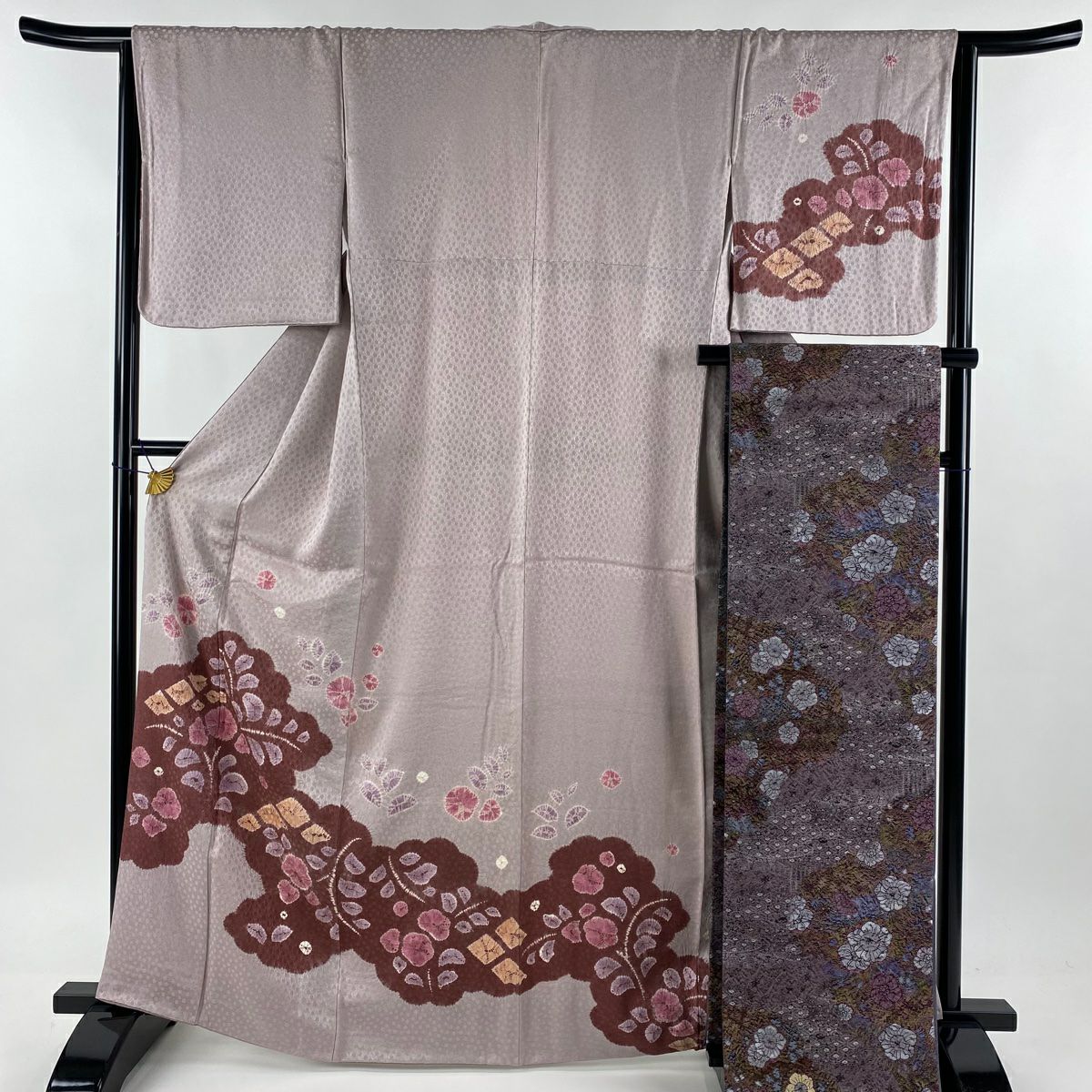 付下げ 身丈159cm 裄丈63cm 薄物 絽 草花 クリーム 正絹 美品 付下げ 身丈159cm 裄丈63.5cm S 袷 袋帯セット 草花 雲文 藍色