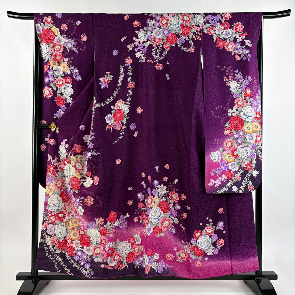 振袖 身丈180cm 裄丈73cm L 袷 雪輪 草花 金彩 刺繍 濃紫 正絹 名品