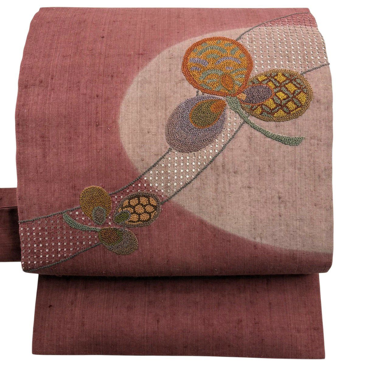 美品】 名古屋帯 秀品 紬地 葉柄 七宝文 刺繍 赤茶 正絹｜中古・古着