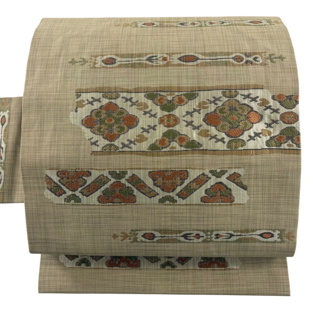 美品】 名古屋帯 秀品 関西仕立て 幾何学 薄茶色 正絹｜中古・古着